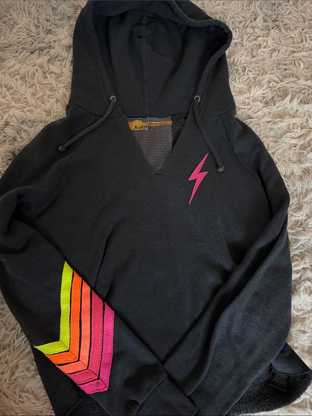 Aviator Nation Black Hoodie Sweater with Neon Chevron Sleeve & Pink Lightning
